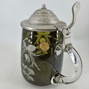 Bohemia Crystal Beer Stein etched cut to clear w hinged pewter lid